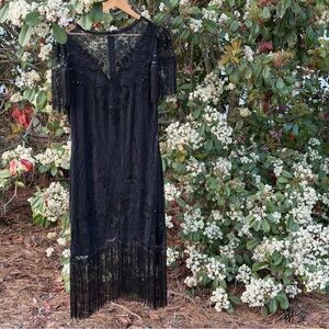 Black Beaded Fringe Flapper Dress XL Gatsby 1920s Art Deco Evening